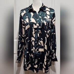 Milk & Honey Forest Green & Cream Abstract Button-Up Blouse